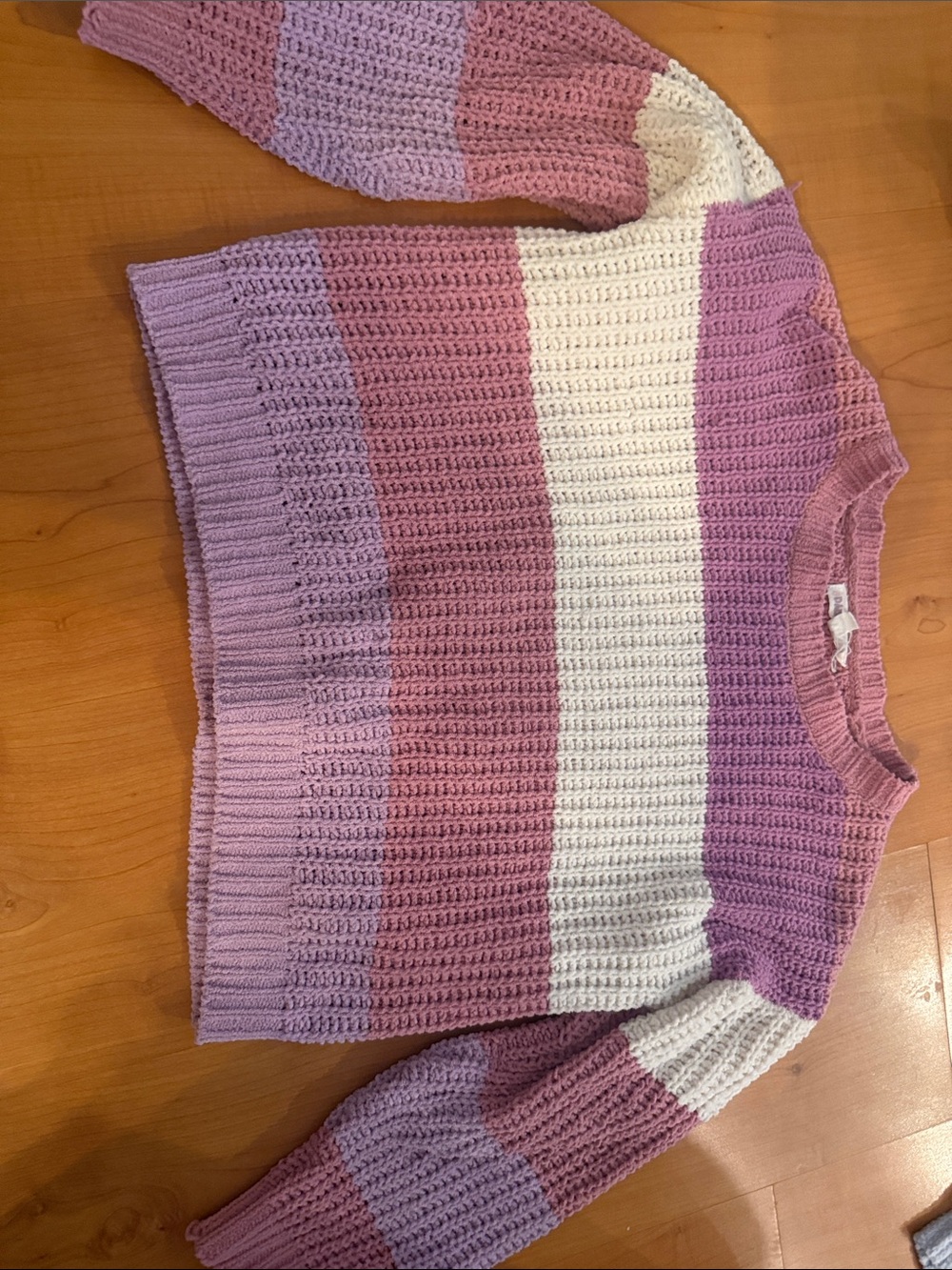 Girls' Striped Lilac, Mauve & White Crochet Sweater